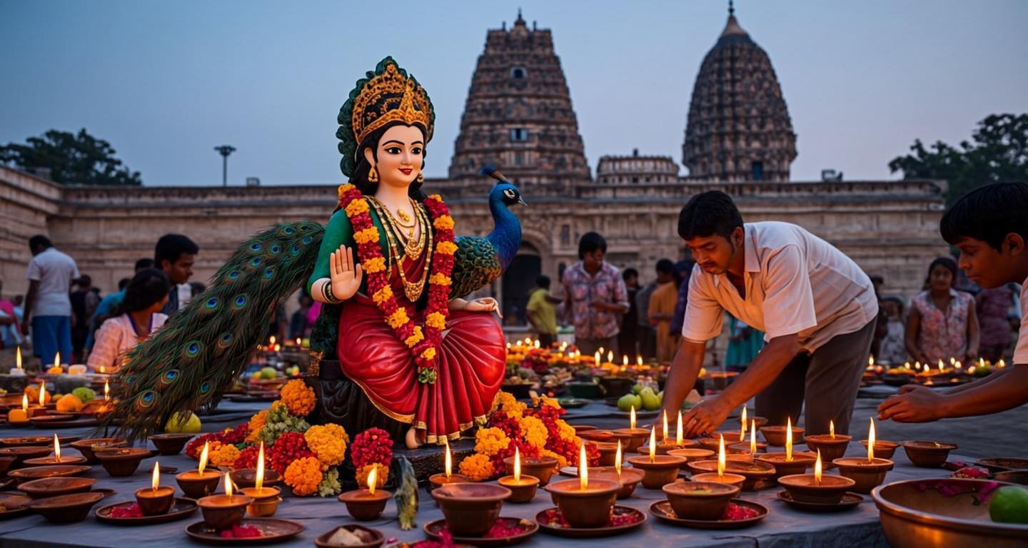 কার্তিক মন্দিরের চত্বরে প্রদীপ আর প্রস্তুতির দৃশ্য