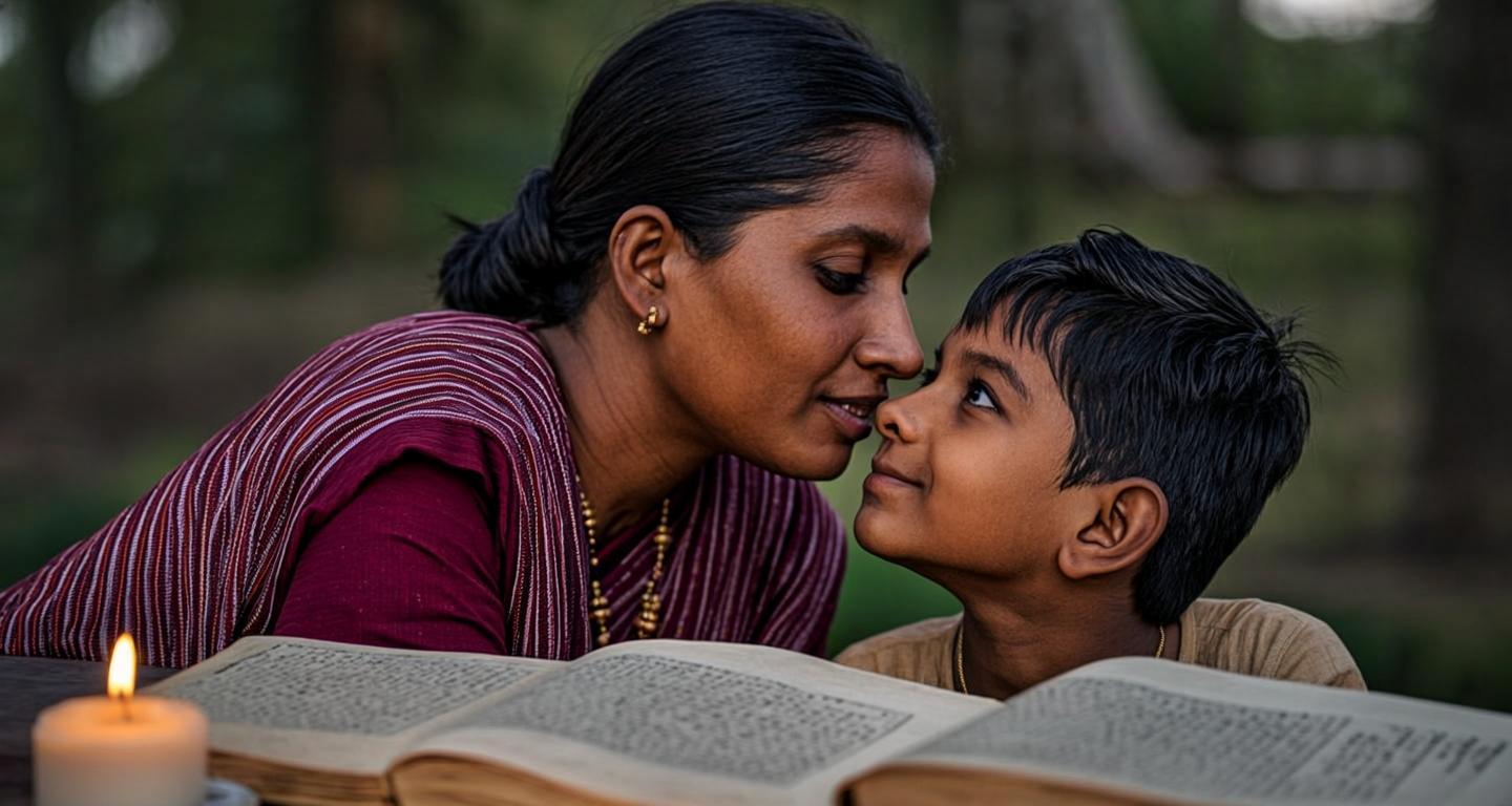 প্রদীপের আলোয় মা ও সন্তান